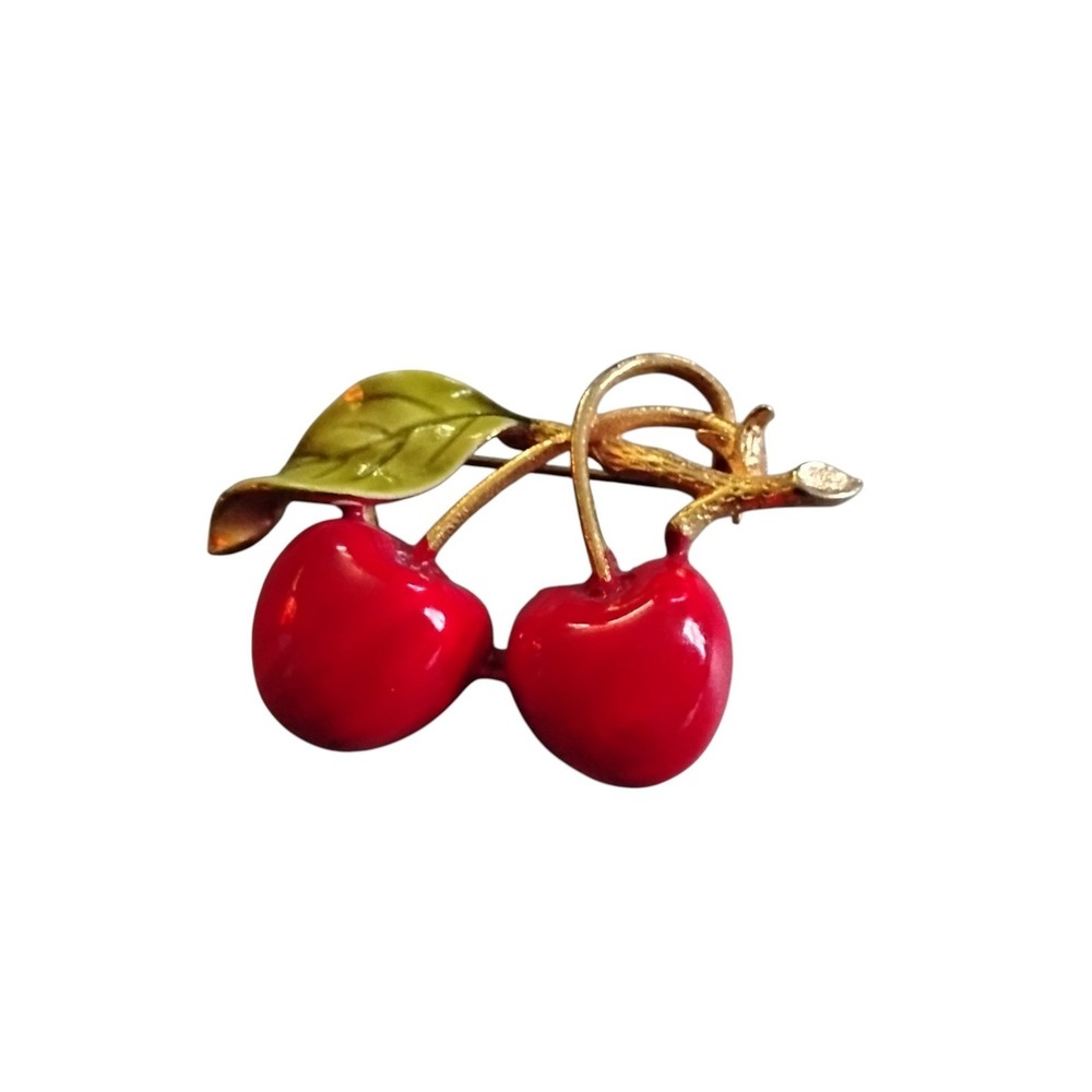 Vintage Red Enamel Cherry Brooch Gold Tone Fruit Pin Retro Rockabilly Style